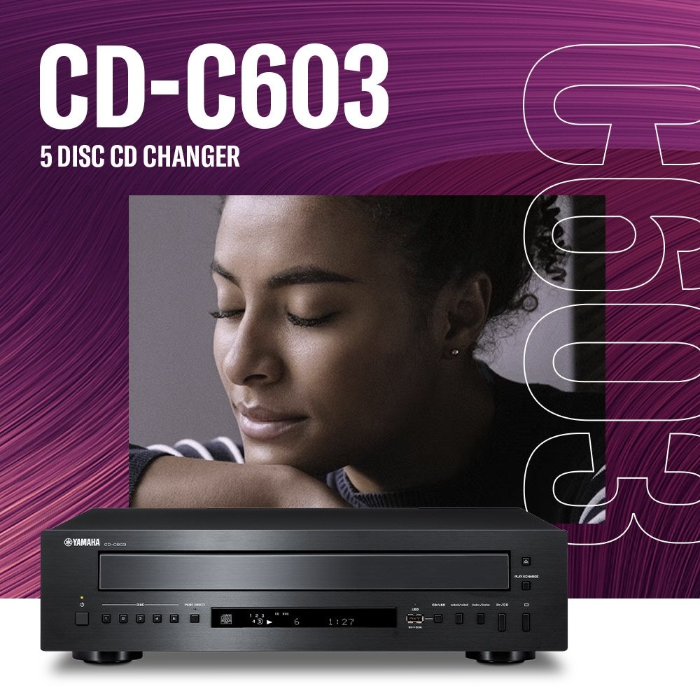 top banner image showing Yamaha CD-C603 CD Changer system and in background close up view of a female face 