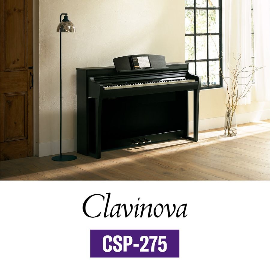 Lifestyle image of polished ebony Yamaha Clavinova CSP-275 Digital Piano angle view
