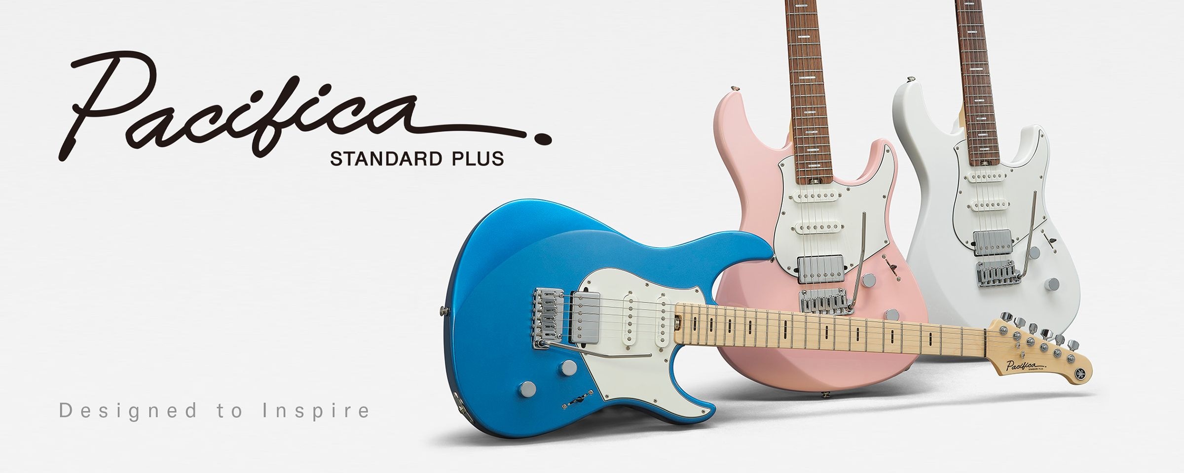 White background. Left: Pacifica professional logo & designed to inspire text. Right: 3 guitars