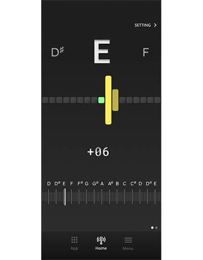 The app's dark-themed tuning interface, which features a large 'E' for the tuned note.