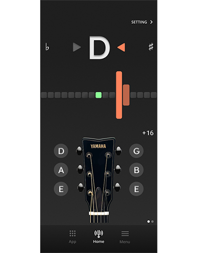 The app's dark-themed tuning interface, which features a large 'D' for the tuned note.