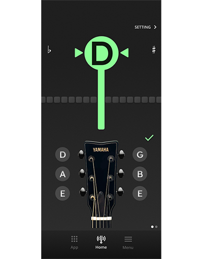 The app's dark-themed tuning interface, which features a large 'D' for the tuned note and highlighted with green.