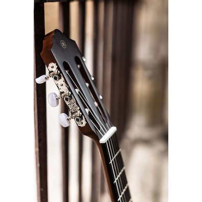 Headstock, tuning machines for  CGX122 guitar leaning on a metal fence in Spain 
