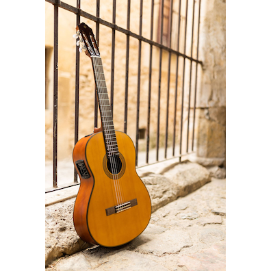 Solid cedar top CGX122MC guitar leaning on a metal fence on the streets of Pedraza, Segovia