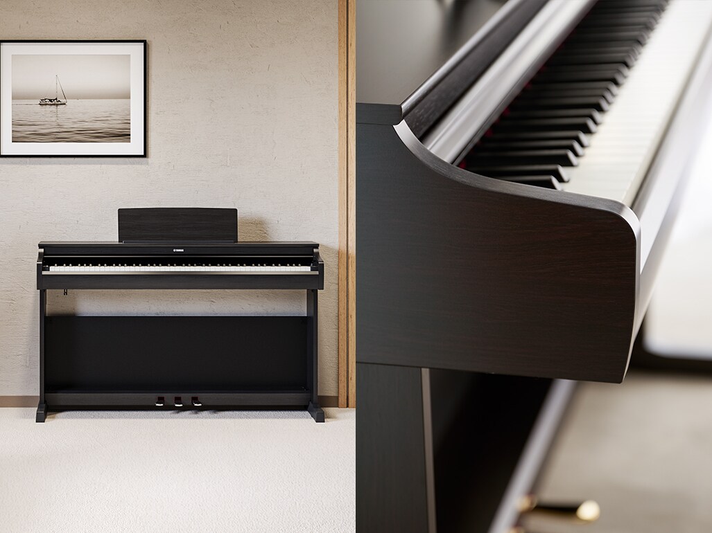 An ARIUS piano that blends in well in living rooms, and the curves in the design details