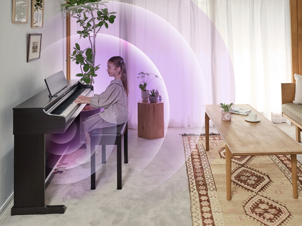 Sound waves expanding from an ARIUS piano in a living room