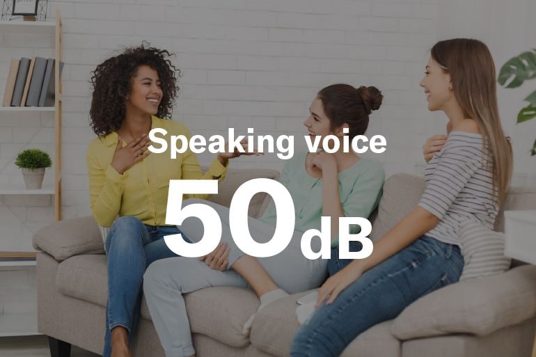 image showing three females talking and shows it produce 50 decible of sound level