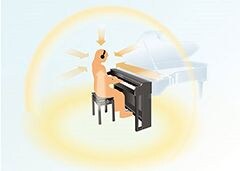 An illustration depicting a person wearing headphones while playing a digital piano, surrounded by a glowing yellow acoustic dome and arrows to represent an immersive, 3D spatial sound experience as if playing a real grand piano.