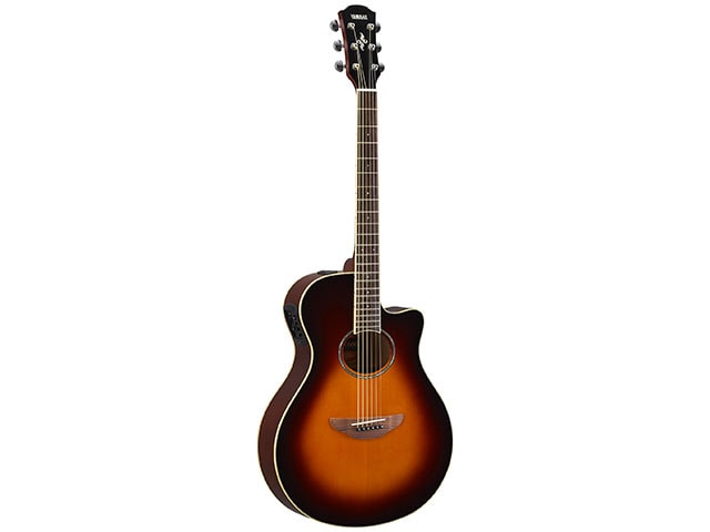 Angle view of Yamaha APX600 acoustic electric guitar, Old Violin Sunburst finish