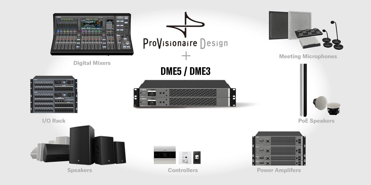 Illustration showing DME5/DME3 and ProVisionaire Design functioning together as the core of a system, allowing digital mixers, I/O racks, speakers, controllers, power amplifiers, PoE speakers, and connected microphones to be configured from a single location.