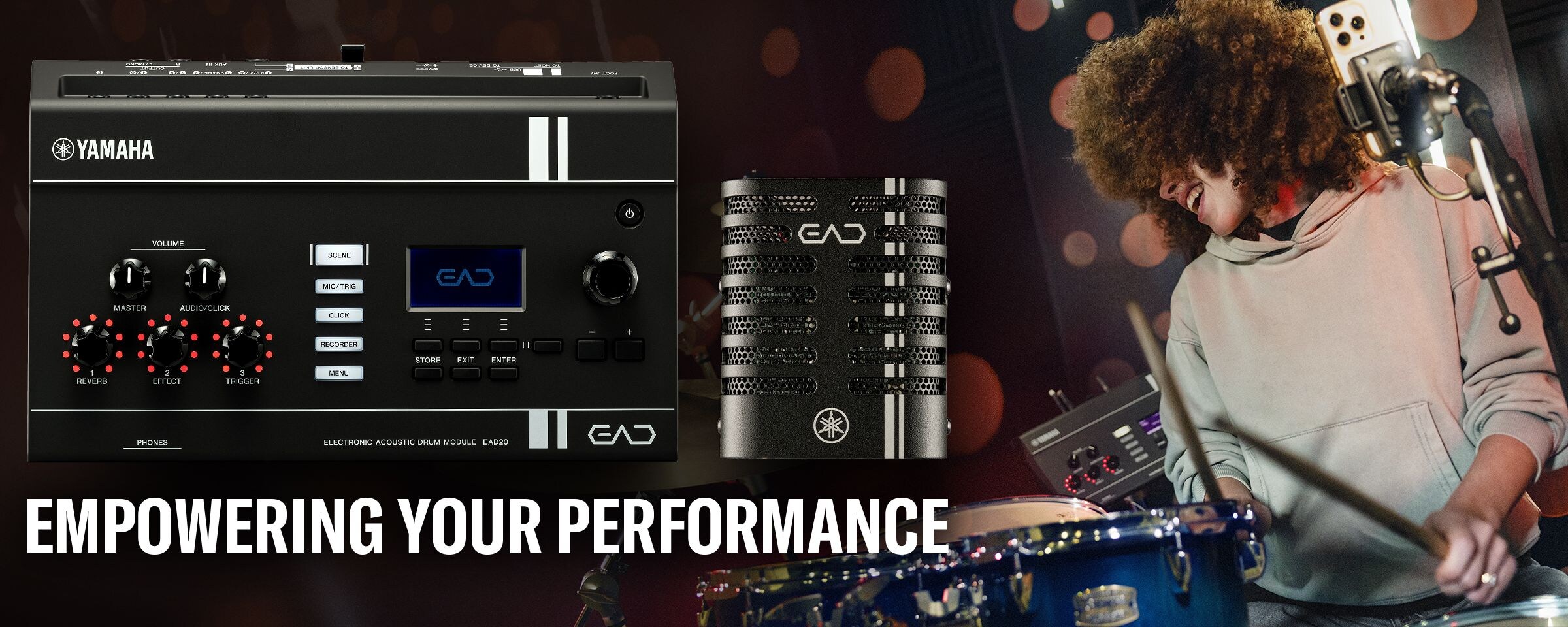 Drummer performing with Yamaha EAD20, demonstrating enhanced acoustic drum sound, monitoring, and hybrid performance capabilities.