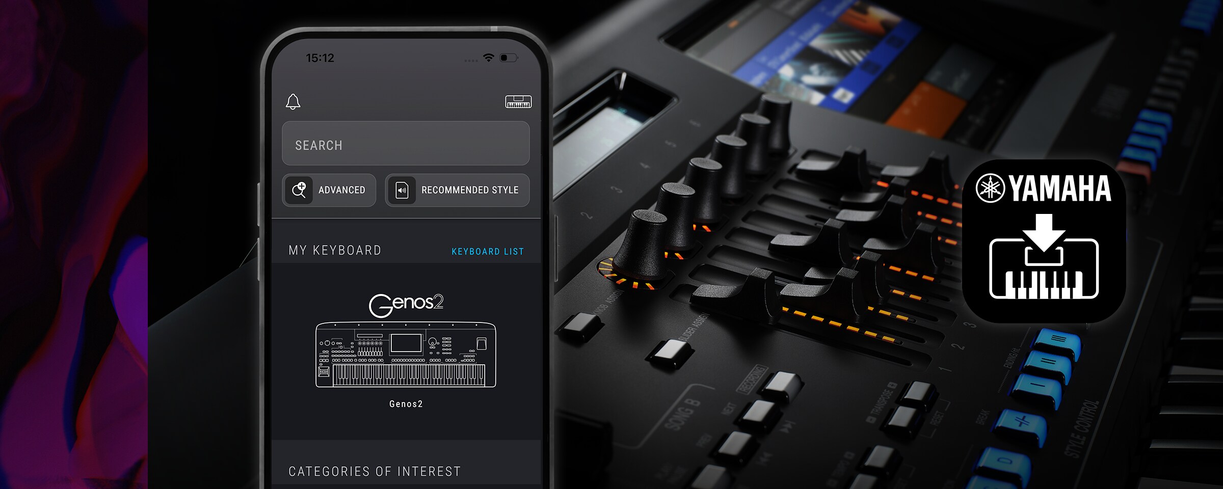 Collage of photos of Yamaha Genos2 and a smartphone showing the home screen of EXPANSION EXPLORER, Yamaha's application for the Arranger Workstations