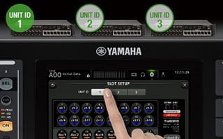 Close-up view of Yamaha I/O Rack Tio1608-D2 showing Simple and Flexible Input Selection