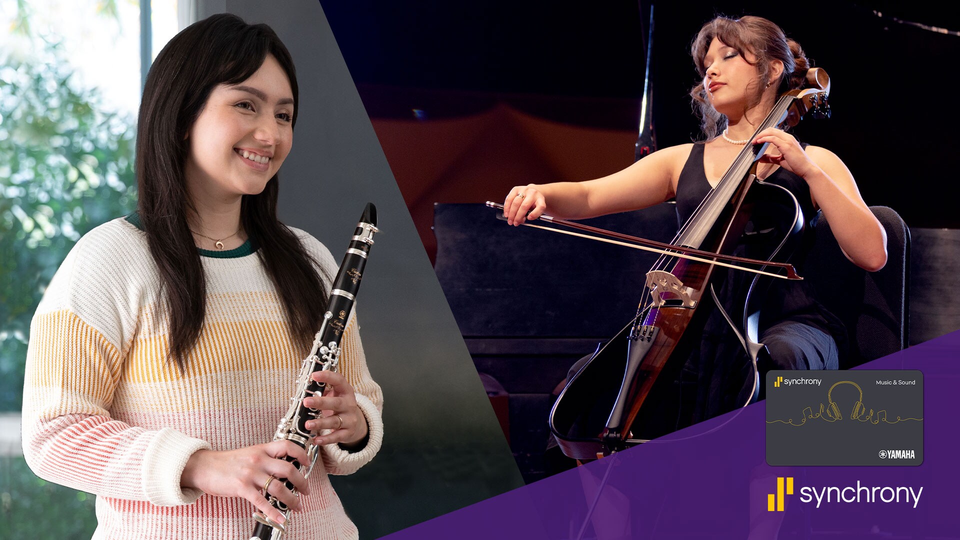 young girl holding yamaha trumpet and another girl is playing yamaha cello