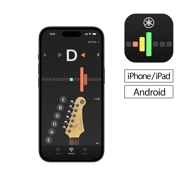 Black iPhone displaying the app's dark-themed tuning interface, which features a large 'D' for the tuned note, and two stacked text boxes reading 'iPhone/iPad' and 'Android' to indicate availability.