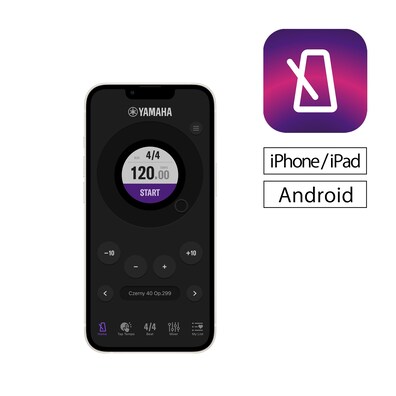Smartphone with the dark-themed Yamaha metronome app interface, featuring a large circular display with '120.00 TEMPO' and a purple 'START' button. Above stacked text boxes reading 'iPhone / iPad' and 'Android'.