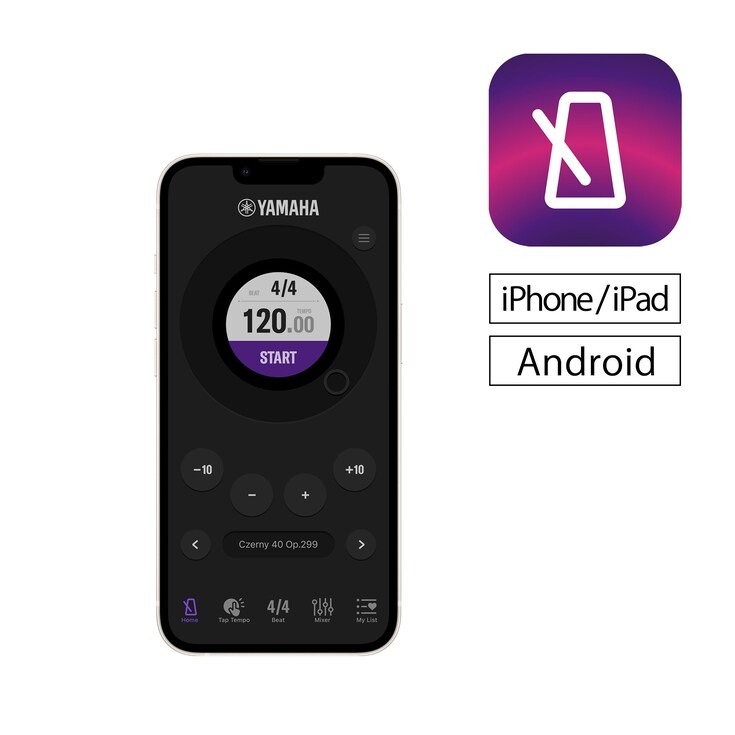 Smartphone with the dark-themed Yamaha metronome app interface, featuring a large circular display with '120.00 TEMPO' and a purple 'START' button. Above stacked text boxes reading 'iPhone / iPad' and 'Android'.