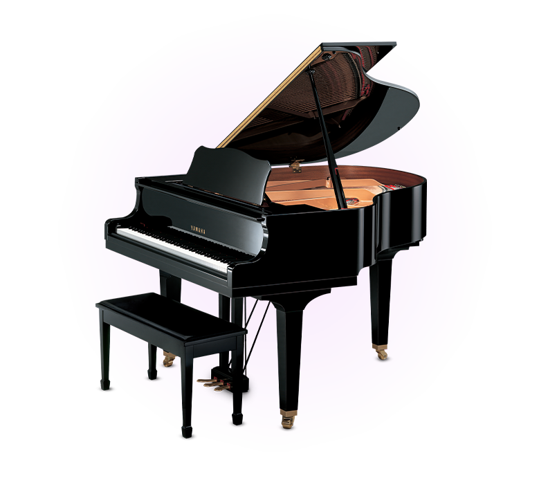 Yamaha Grand Piano with bench in a gradient purplr background 