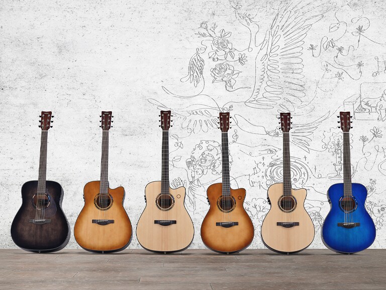 Full lineup of the TransAcoustic guitar second-generation shown together in a lineup.