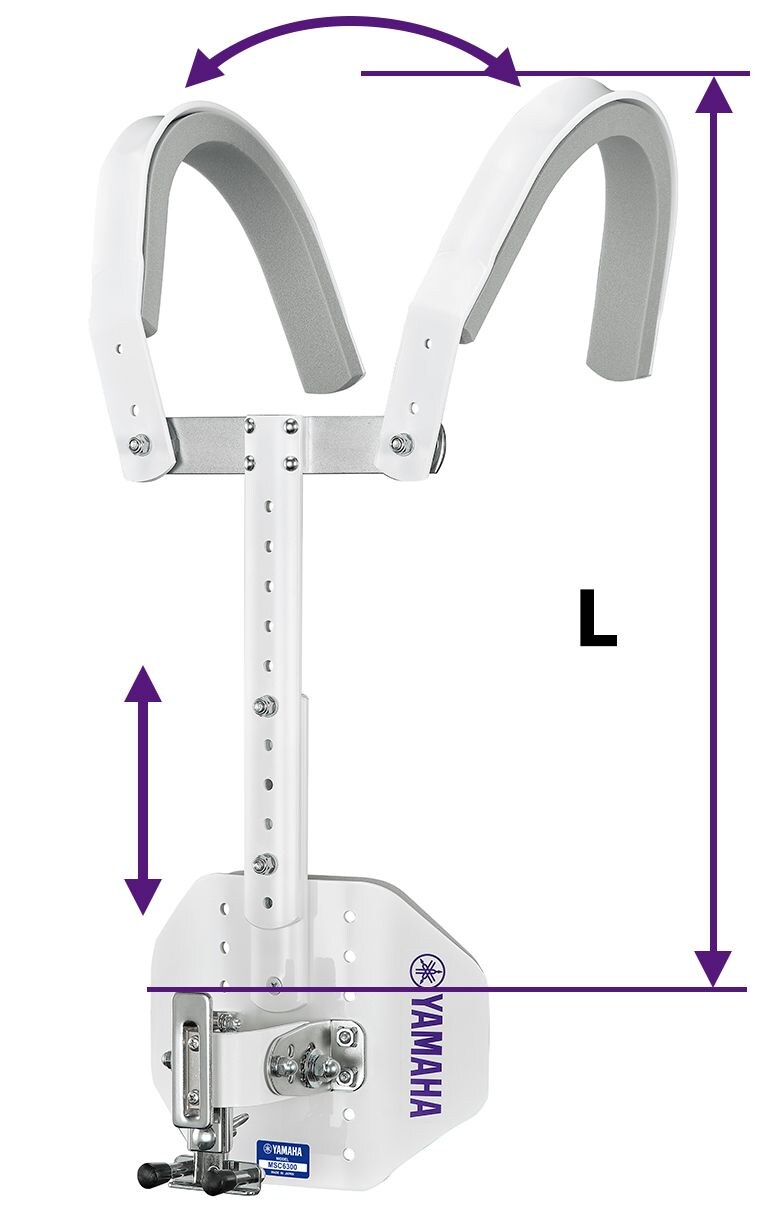 Shows the minimum and maximum distances from the Shoulder rest to the top of the Support frame.