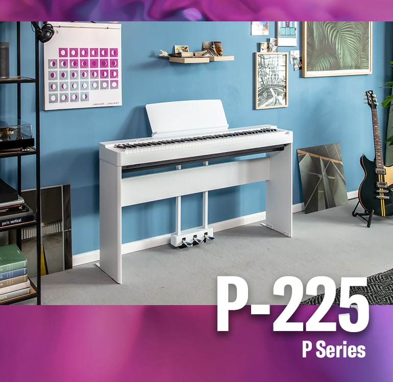 Yamaha P-225WH and P-225B with optional stand and pedal