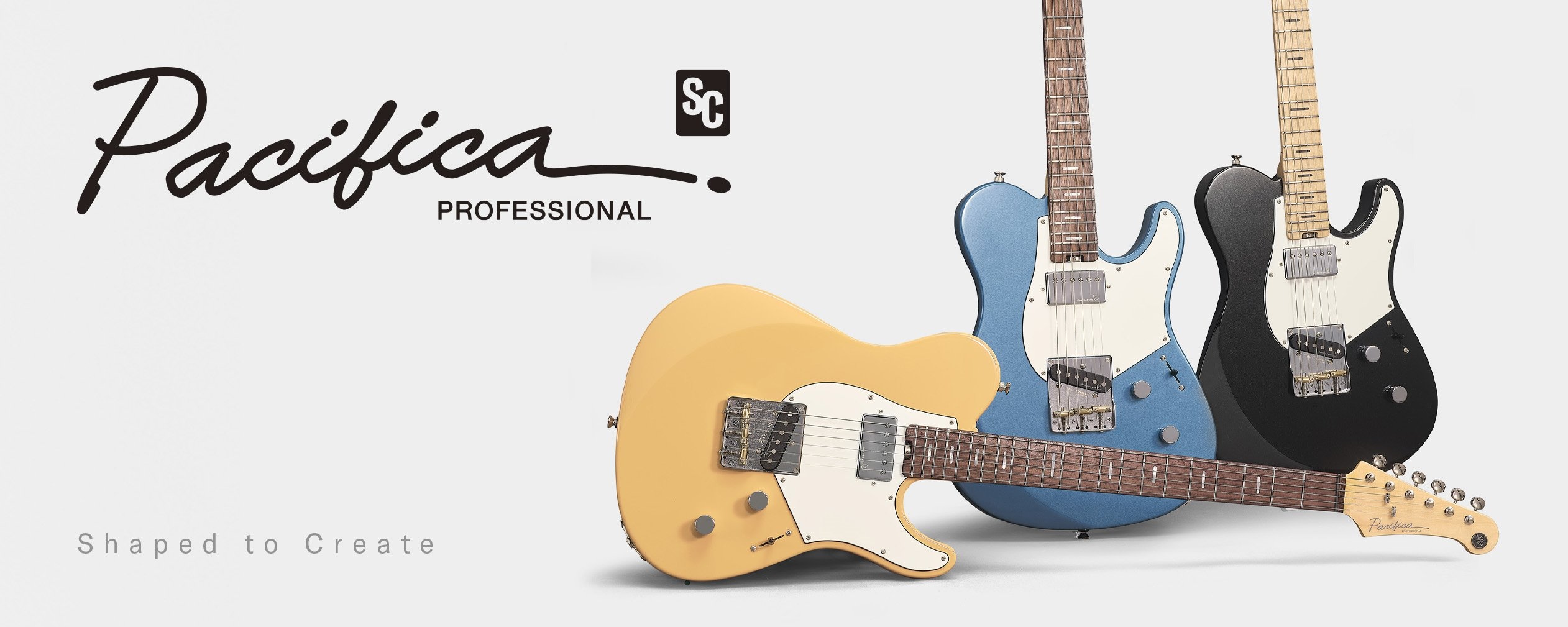 White background. Left: Pacifica SC Professional logo & designed to inspire text. Right: 3 guitars.