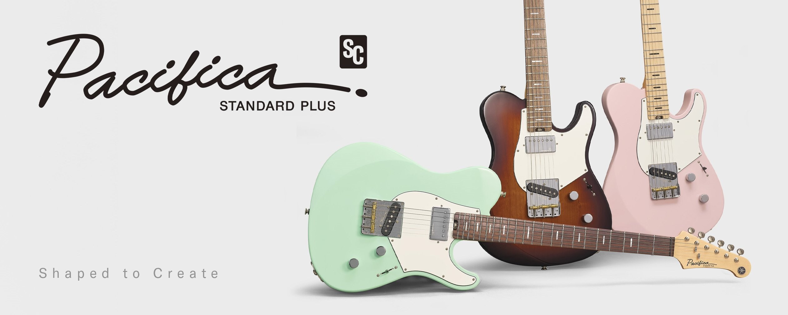 White background. Left: Pacifica SC Standard Plus logo & designed to inspire text. Right: 3 guitars.