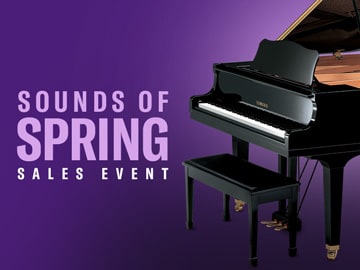 Yamaha Grand Piano with bench on purple gradient background