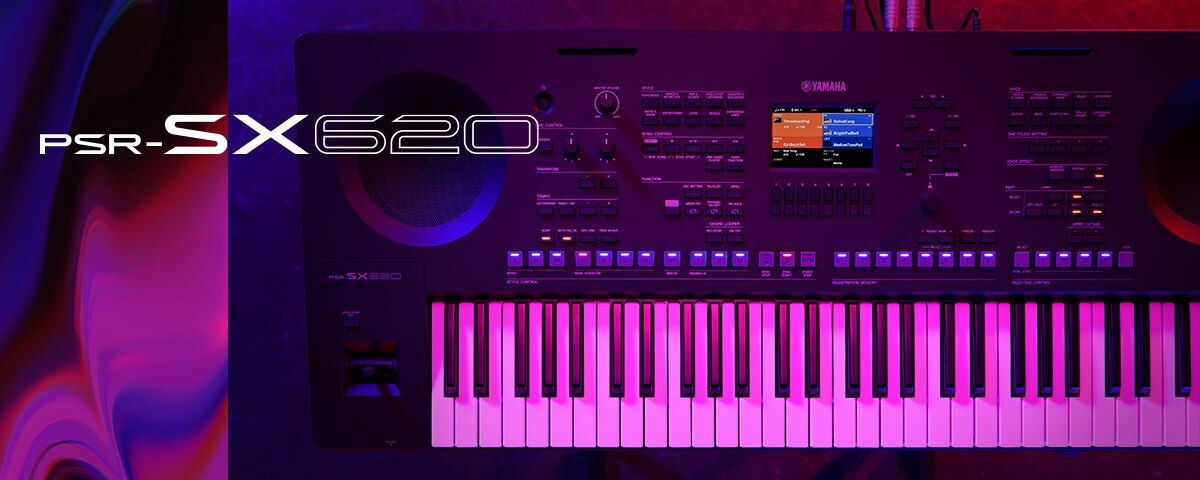 Top view of a PSR-SX620 keyboard under stage lighting.