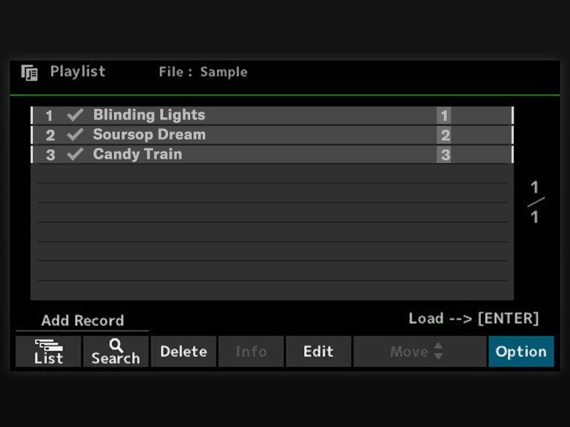 Playlist screen on the PSR-SX620 for organizing songs and settings.