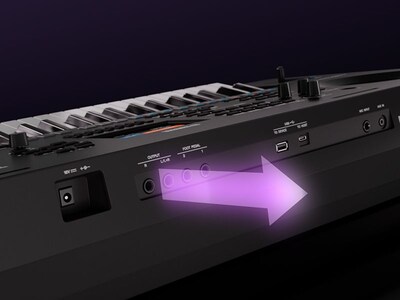 Close-up of the PSR-SX620 LINE OUT terminals for high-quality audio output.