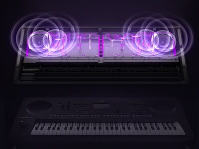 Transparent view of a speaker box illustrating vibration and powerful sound output.