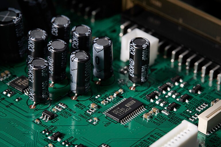 Close-up of the Yamaha R200A internal circuit board and electronic components.