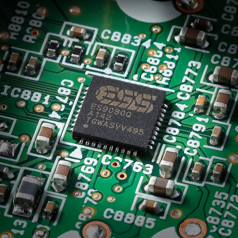 Closeup of a digital to analog converter chip.