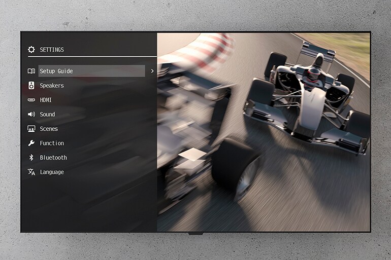 A TV with the RX300A on-screen settings menu open.