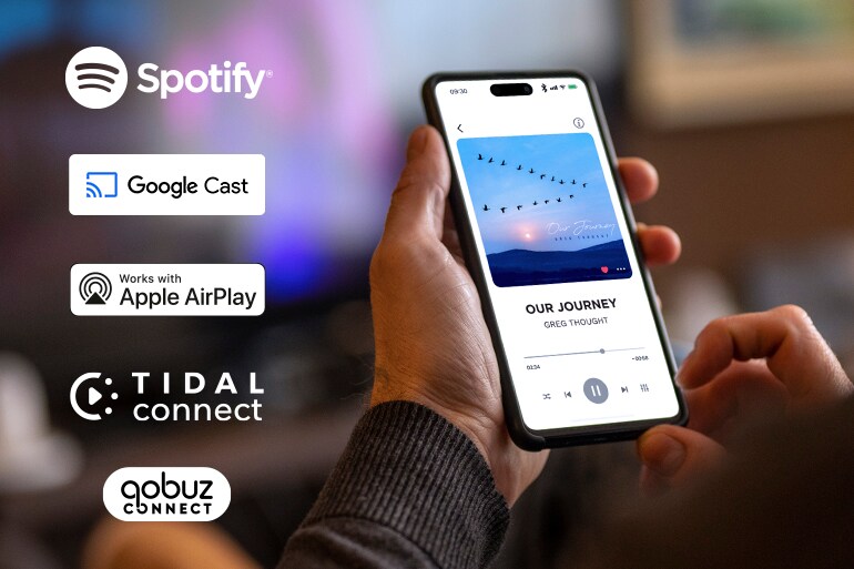 Logos of Spotify, Google Cast,  Apple Airplay, TIDAL, qobuz and a man using a smartphone for music playback.