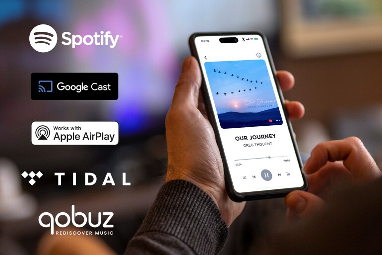Logos of Spotify, Google Cast,  Apple Airplay, TIDAL, qobuz and a man using a smartphone for music playback.