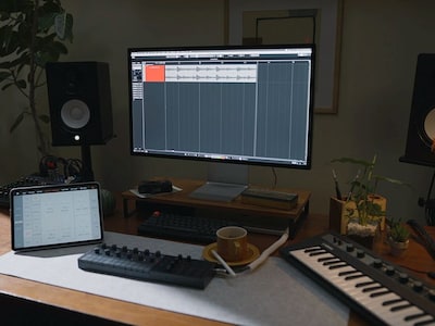 An image of the SEQTRAK being used with a computer, studio monitors and tablet.