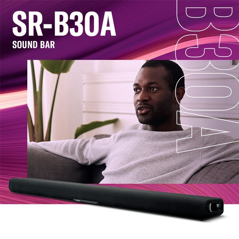 top header banner image showing SR-B30A Dolby Atmos Sound Bar with Built-In Subwoofers and a man sitting on a couch