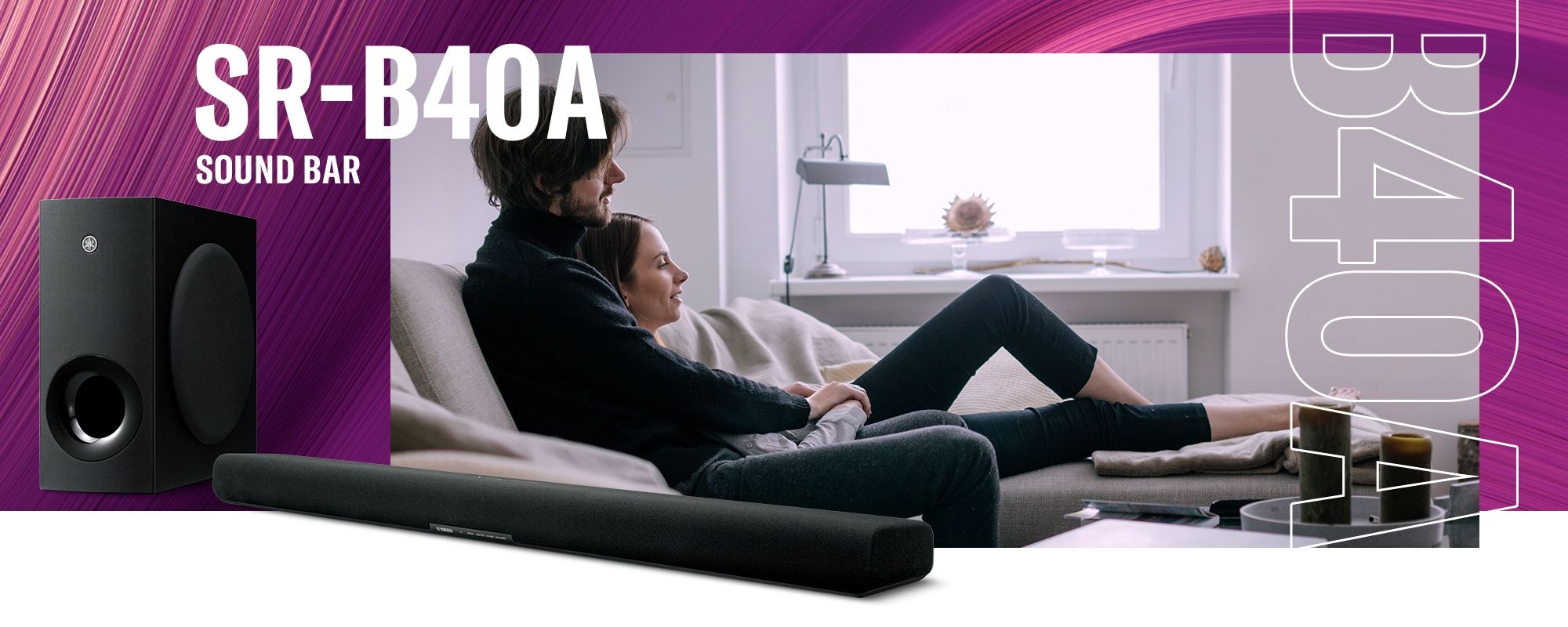 top header banner image showing Yamaha SR-B40A Dolby Atmos Sound Bar with Wireless Subwoofer and couples sitting on the couch