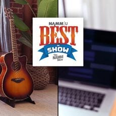 FSC-TA TransAcoustic Guitar and AG01 Streaming Loopback Audio USB Microphone behind the Best in Show Awards badge