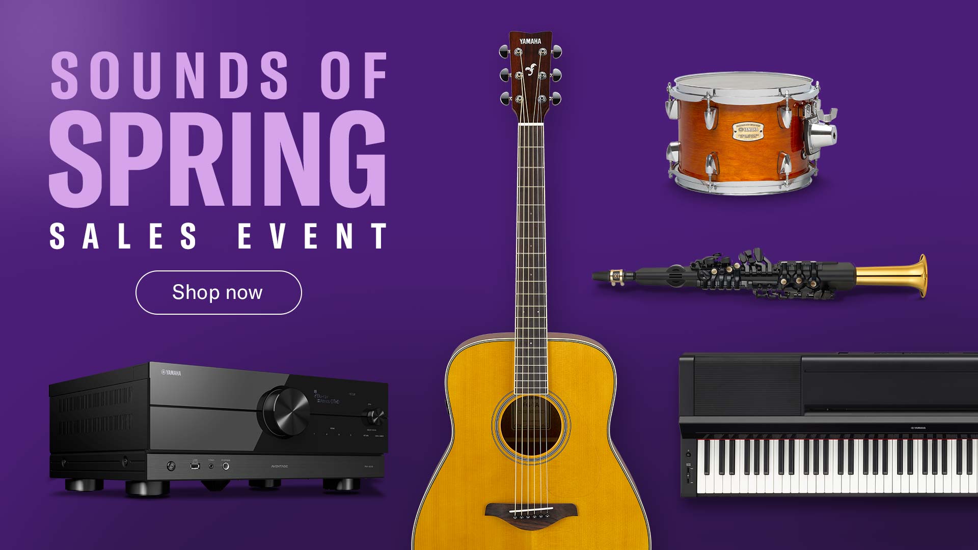 banner image showing various yamaha products like av receiver, guitar, keyboard, snare drum and flute