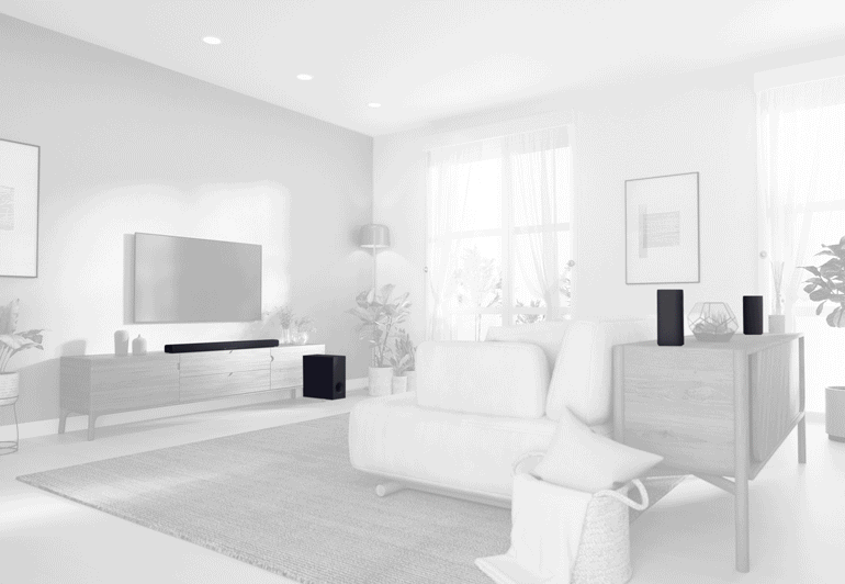 lifestyle shot of a home theater featuring the True X bars and True X speakers