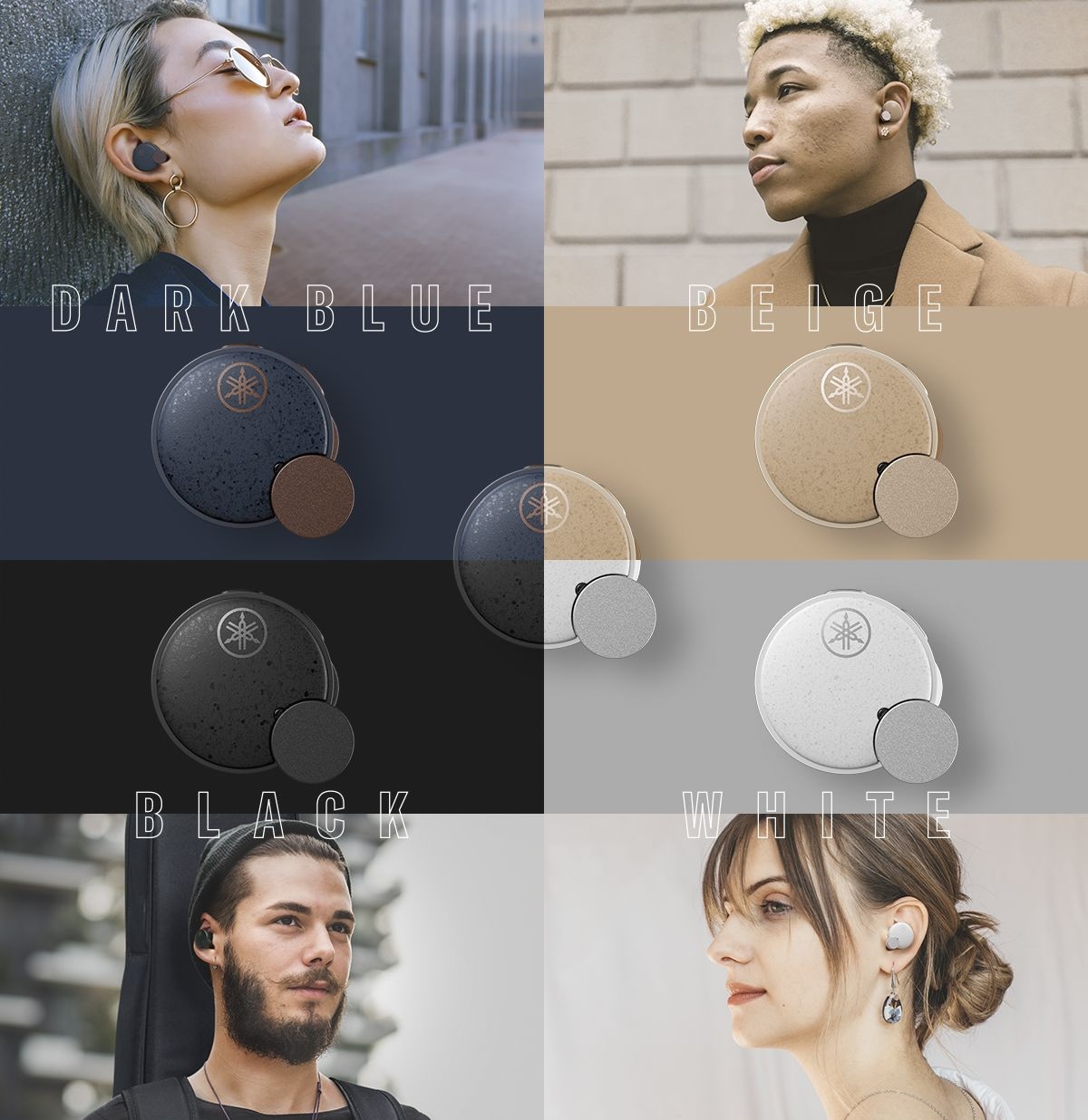 Collage image of four people wearing four different color of TW-E7B earbuds