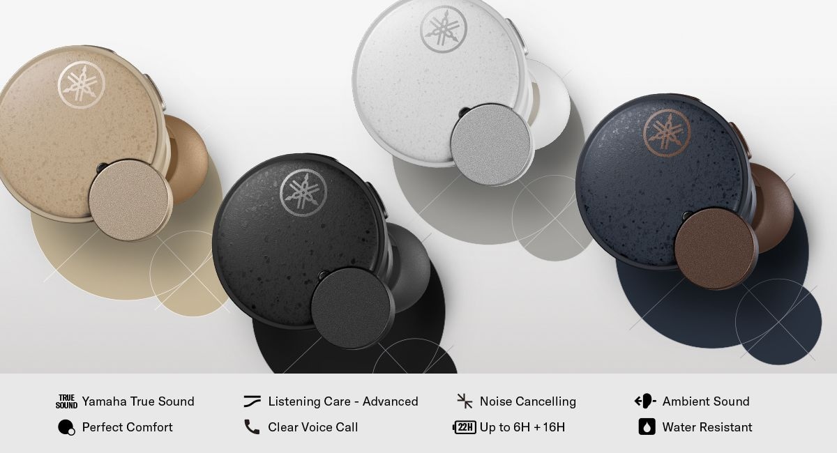 Lifestyle image showing TW-E7B earbuds in all four colors - Desktop