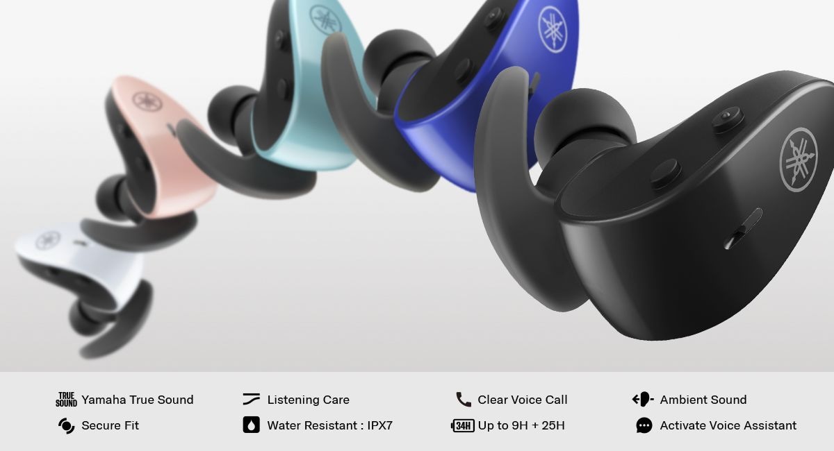 Lifestyle image showing TW-ES5A earbuds in all five colors - Desktop