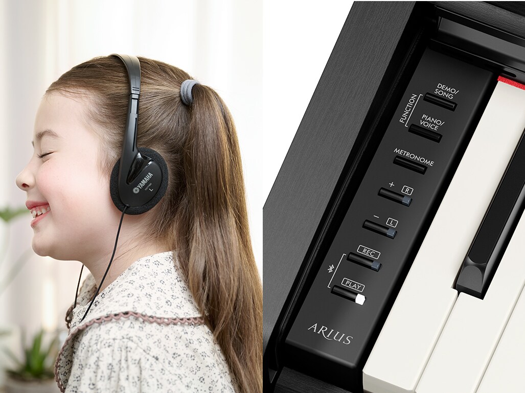 Playing an ARIUS piano with headphones, and an image of the control panel