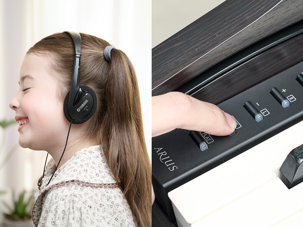 Playing an ARIUS piano with headphones and operating the control panel buttons