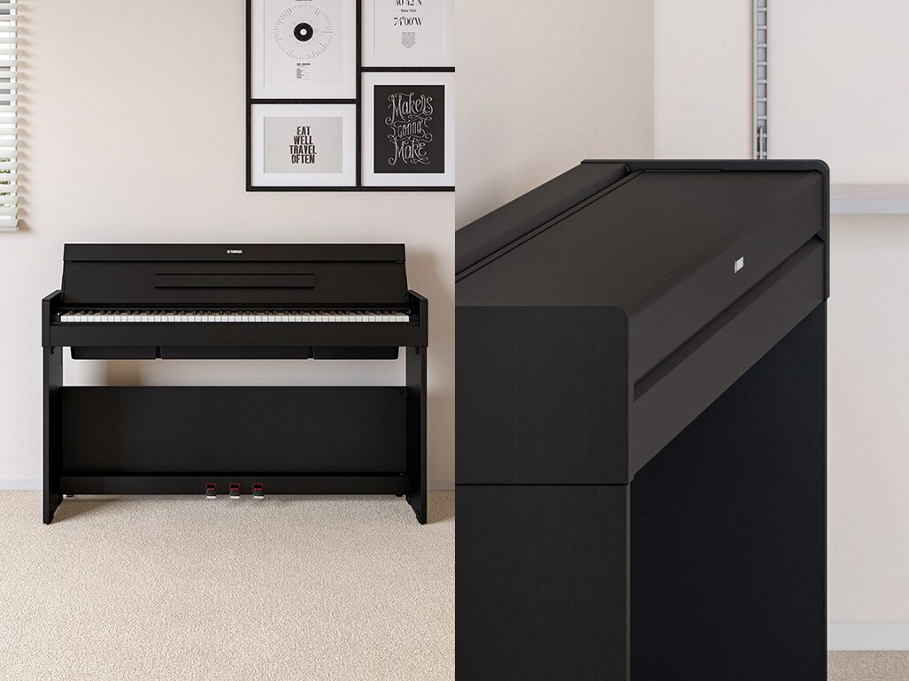 An ARIUS piano blending in with the living room interior, and an ARIUS piano with a flatter, more compact design owing to its lid being closed