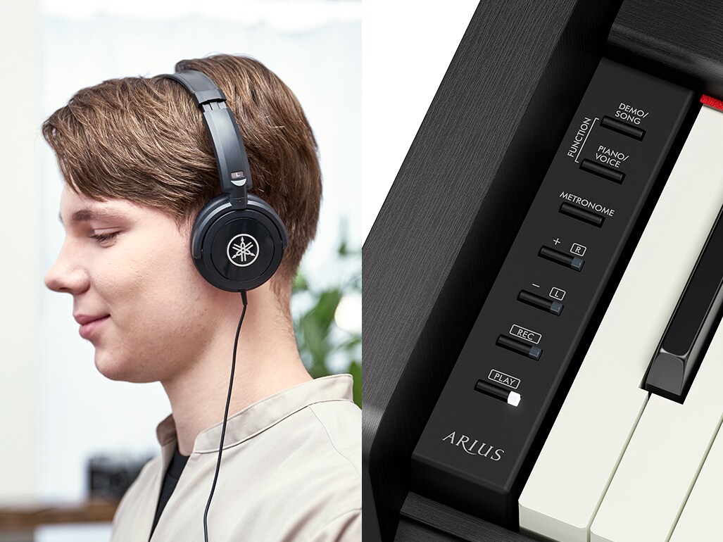 Playing an ARIUS piano with headphones, and an image of the control panel